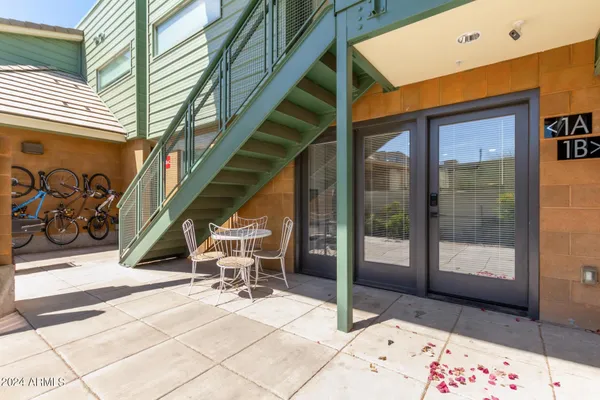 a building outdoor space with seating space