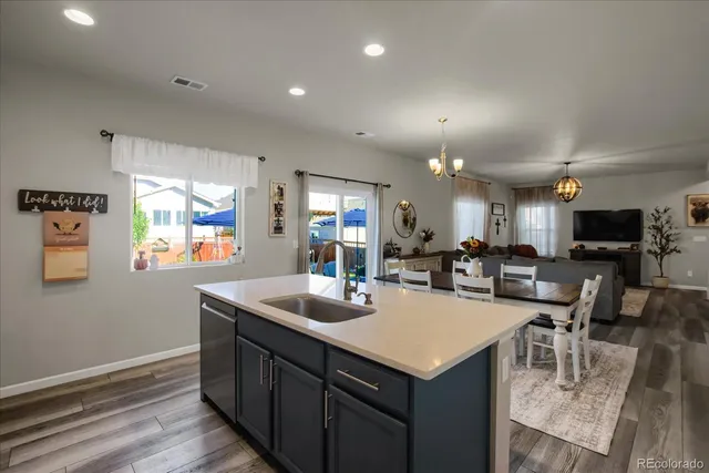 a kitchen with a sink a counter space appliances and cabinets