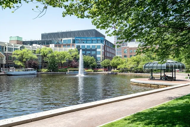 a view of a lake with a bench and trees