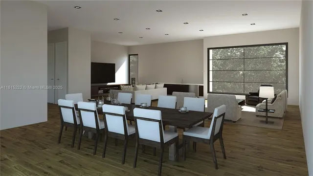 a dining room with furniture and wooden floor