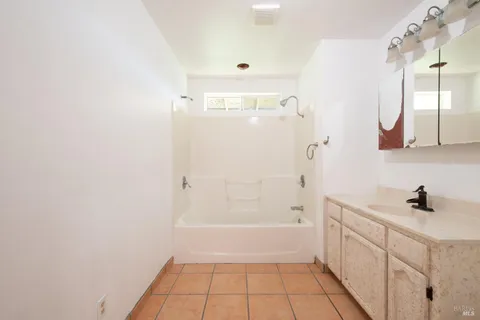a bathroom with a shower a sink and a mirror