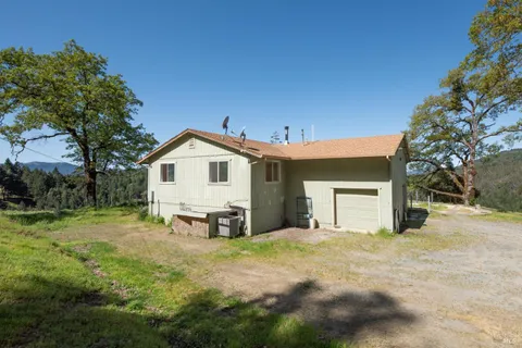 a view of a house with a yard and large tree