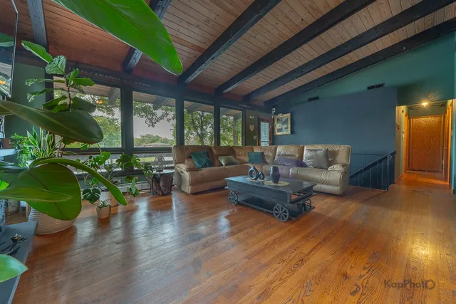 a living room with furniture potted plant and a large window