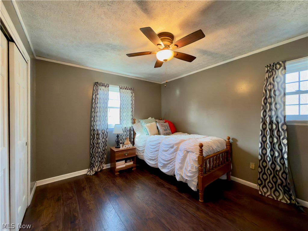 17377 Murphy Road Amesville, OH 45711 - Photo 24 of 43 Bedroom with dark wood-type flooring, crown molding, a closet, a textured ceiling, and a ceiling fan