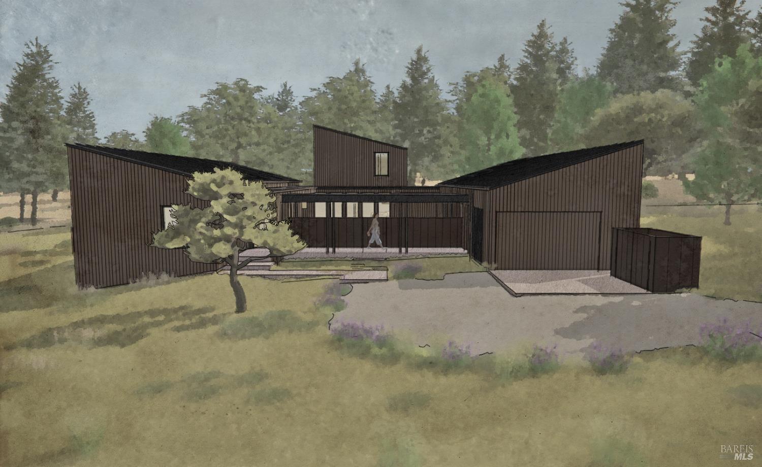 Street facing front of the house with driveway and previously designed covered walkway to the garage/studio.