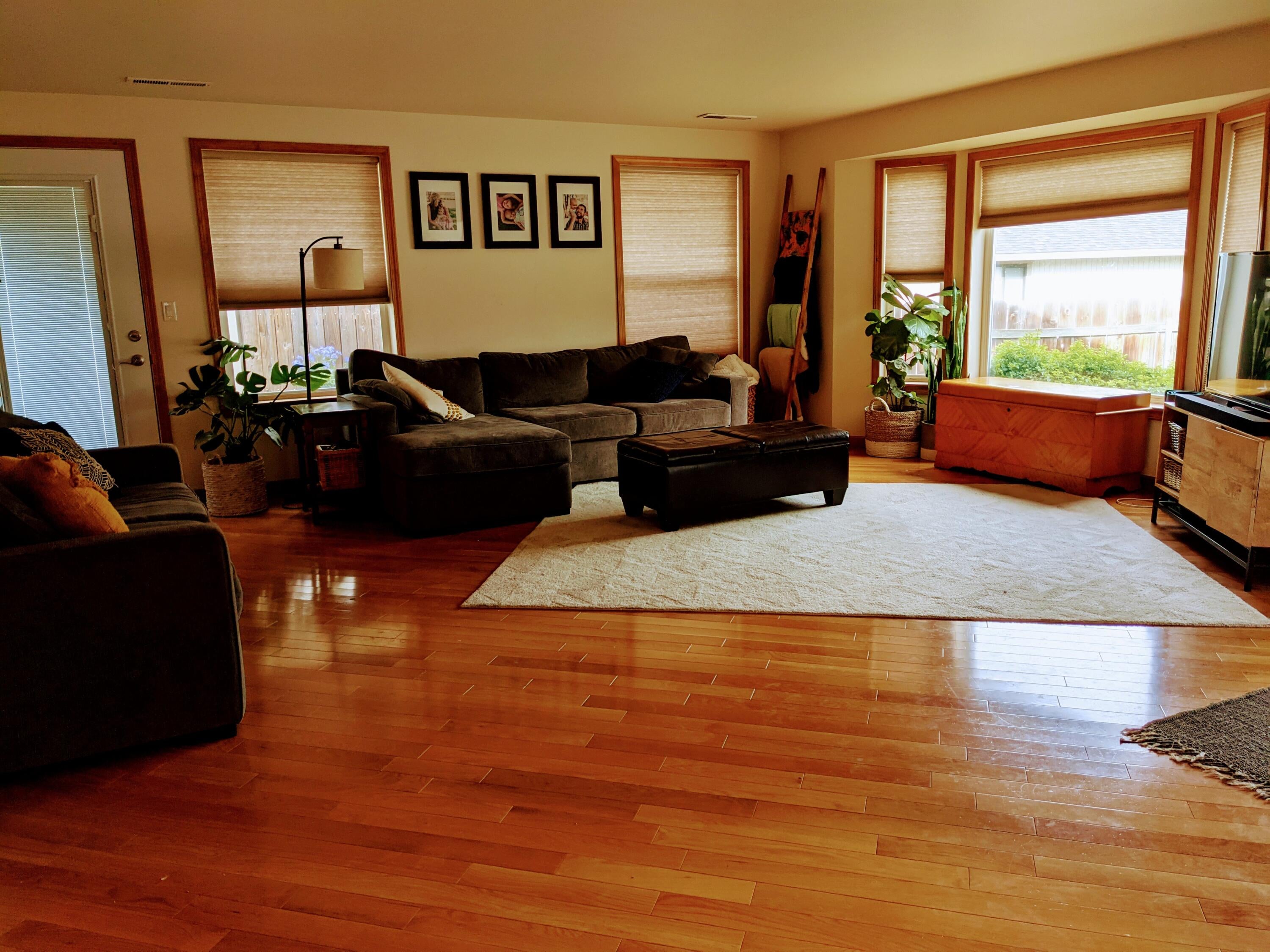 Huge living room, gorgeous hardwood floors, natural light