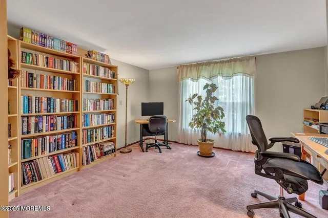 a view of a workspace with furniture and a bookshelf