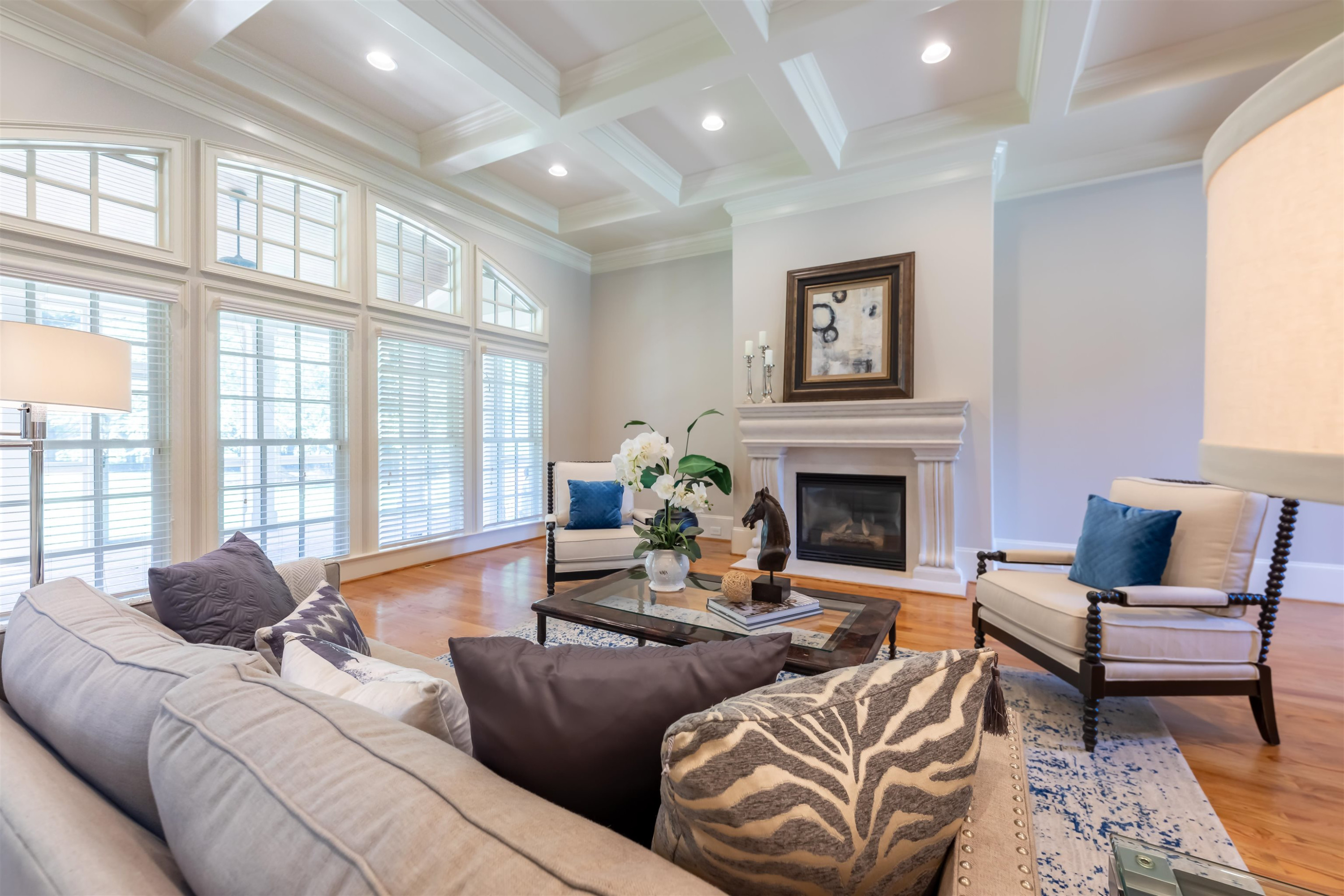 9805 Najma Street Raleigh, NC 27613 - Photo 9 of 30 The family room has recessed lighting in the coffered ceiling. The gas fireplace has an impressive European style surround. Family Room