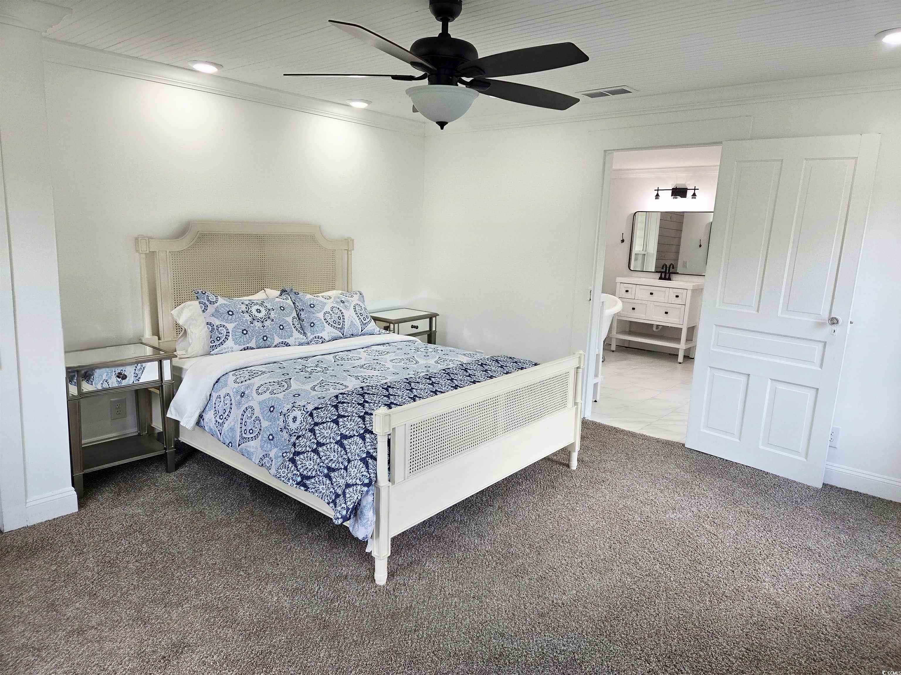 675 Liberty Church Road Loris, SC 29569 - Photo 30 of 35 Carpeted bedroom featuring crown molding, a ceiling fan, visible vents, and recessed lighting