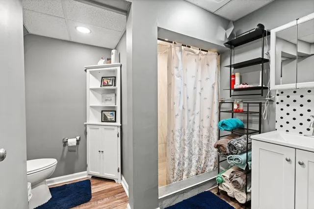 a bathroom with a toilet a sink and shower