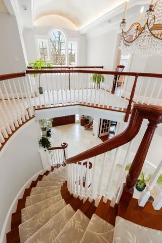 a view of a dining room and chandelier