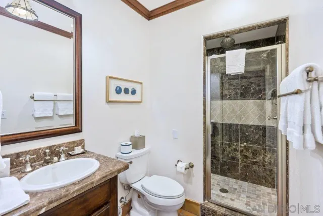 a bathroom with a sink a toilet a shower and a mirror