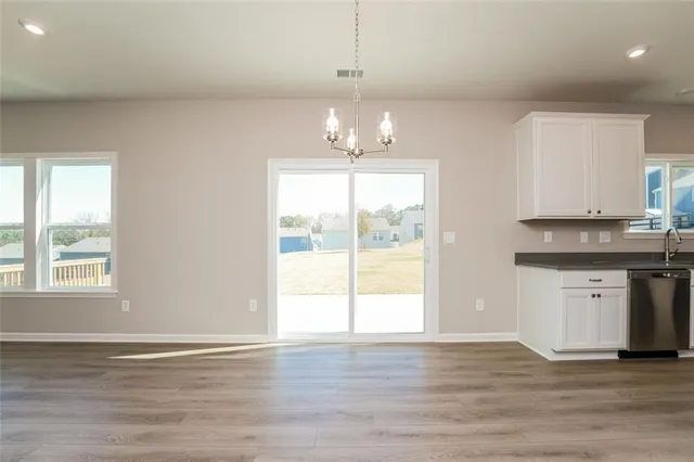 a view of a kitchen with a dishwasher cabinets and wooden floor
