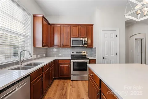 a view of a yard with large trees