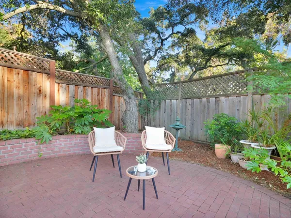 a view of a park with large trees and a wooden fence