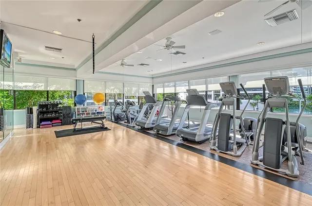 a view of a room with gym equipment