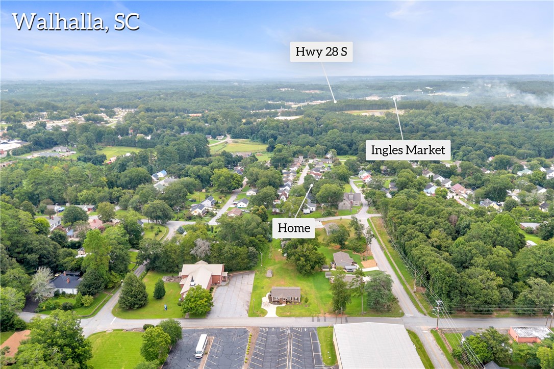 308 Verner Street Walhalla, SC 29691 - Photo 46 of 49 Aerial view showcases the surrounding neighborhood, mature trees, and nearby local conveniences.