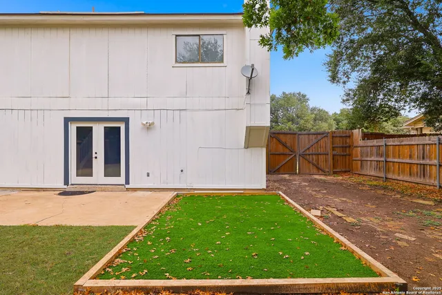 a view of a backyard with a large tree