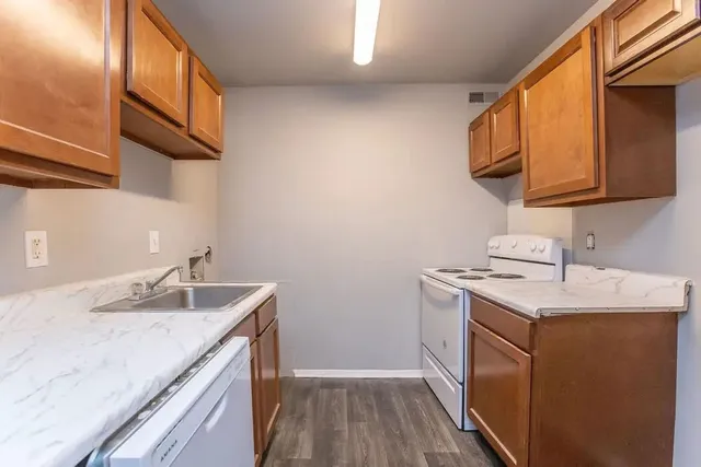 a kitchen with a sink a stove and cabinets
