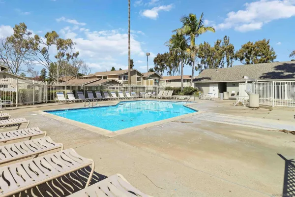 a view of a swimming pool with a lawn chairs under an umbrella with palm trees