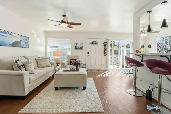 a living room with furniture rug and window