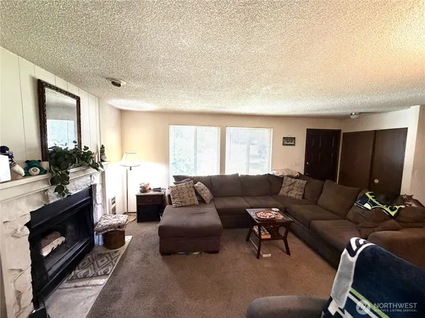 a living room with furniture a fireplace and a large window