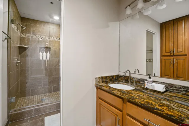 a bathroom with a granite countertop sink a mirror and shower