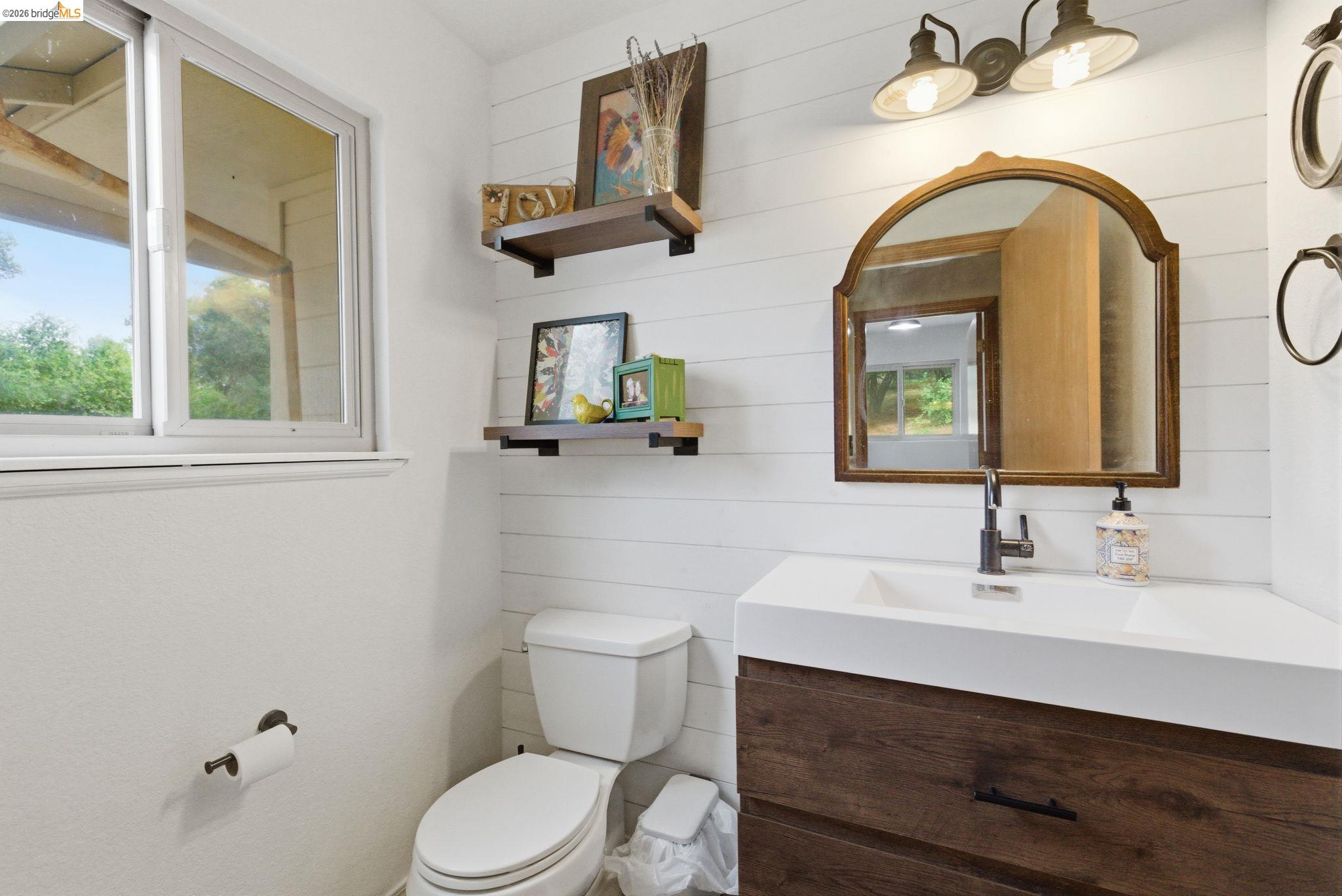 16860 Buckhorn Mountain Road Sonora, CA 95370 - Photo 34 of 46 Half bathroom featuring wood walls, vanity, and healthy amount of natural light