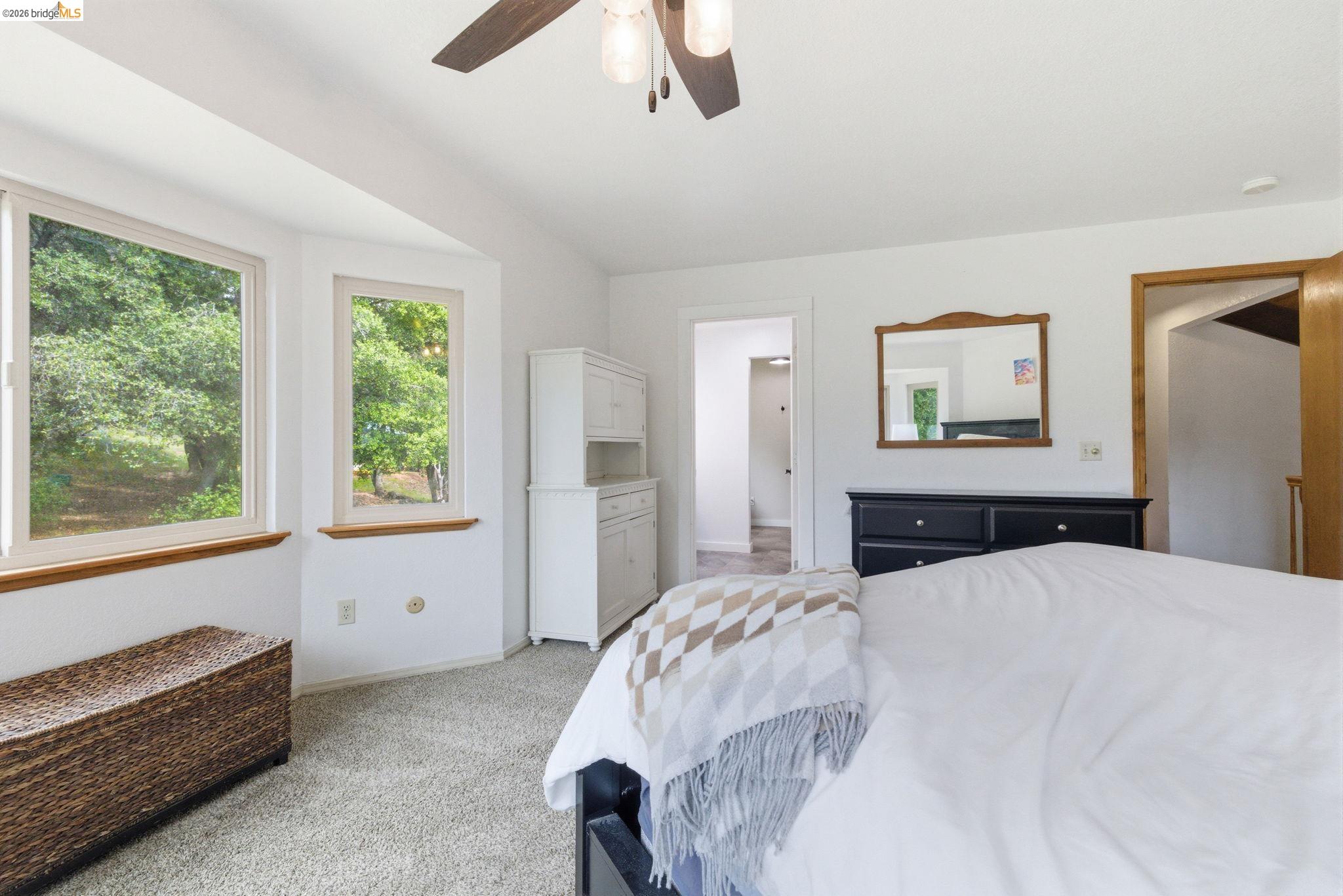 16860 Buckhorn Mountain Road Sonora, CA 95370 - Photo 8 of 46 Bedroom featuring light carpet, ceiling fan, and ensuite bath