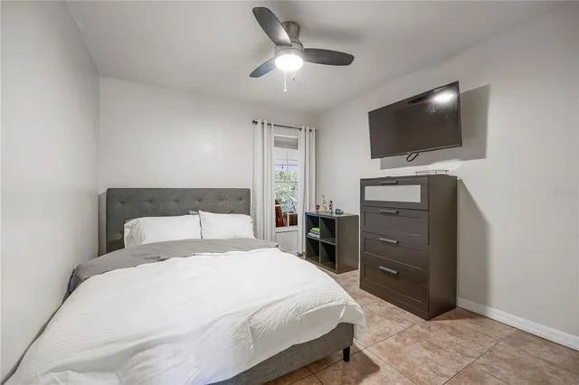 a bedroom with a bed and a flat screen tv