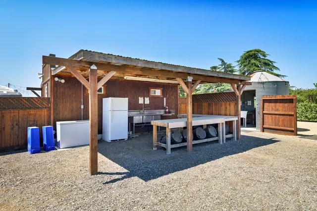 an aerial view of a backyard