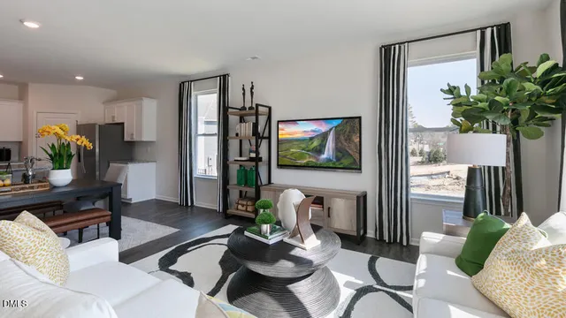 a living room with furniture potted plant a window and a flat screen tv
