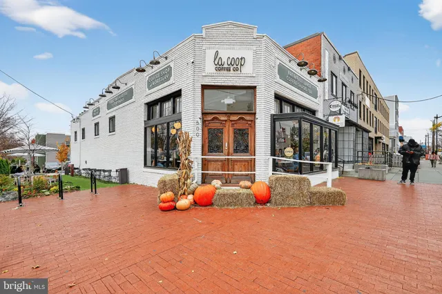 a front view of a building with street