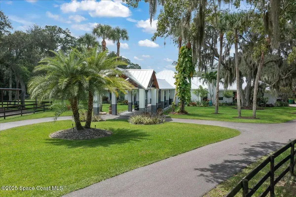 a garden with trees in front of it