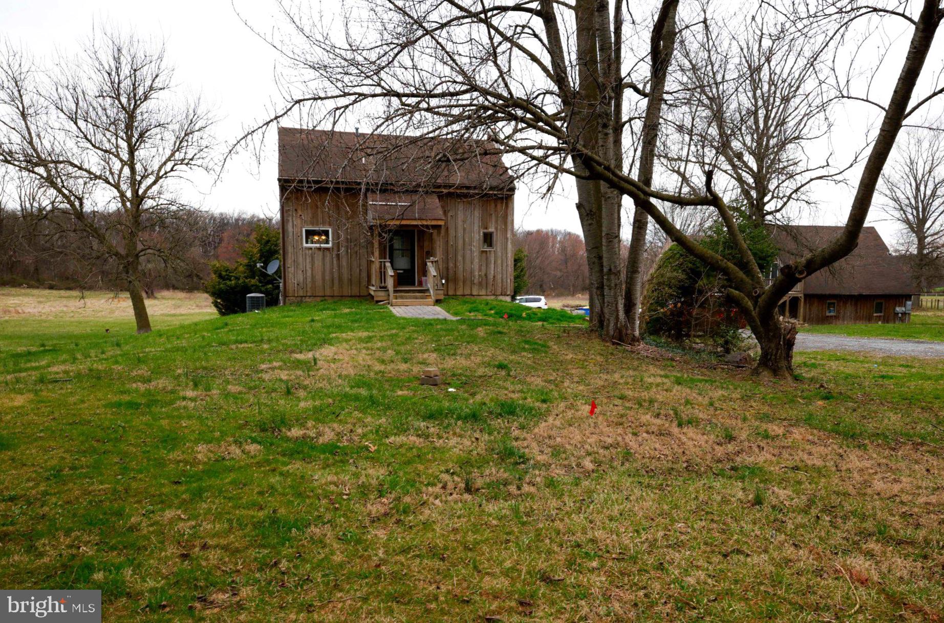a view of a yard in front of a house with large tree