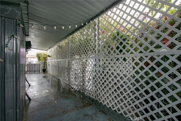 a view of a porch with garden