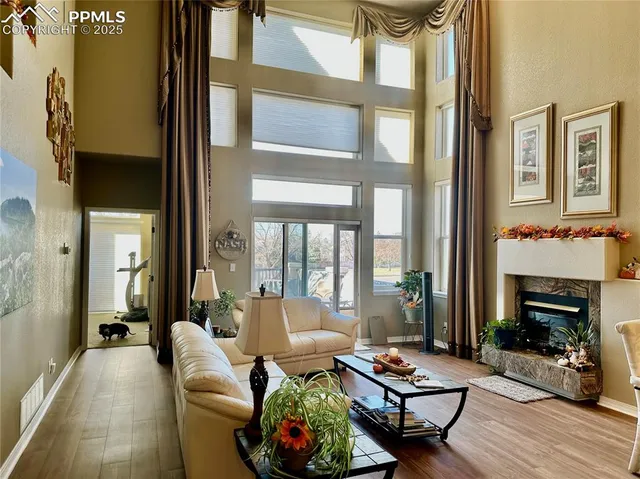 a living room with furniture and a fireplace