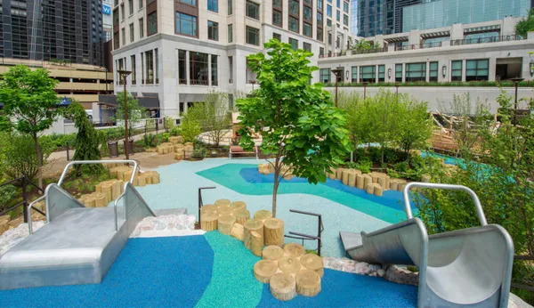 a city view with tall buildings