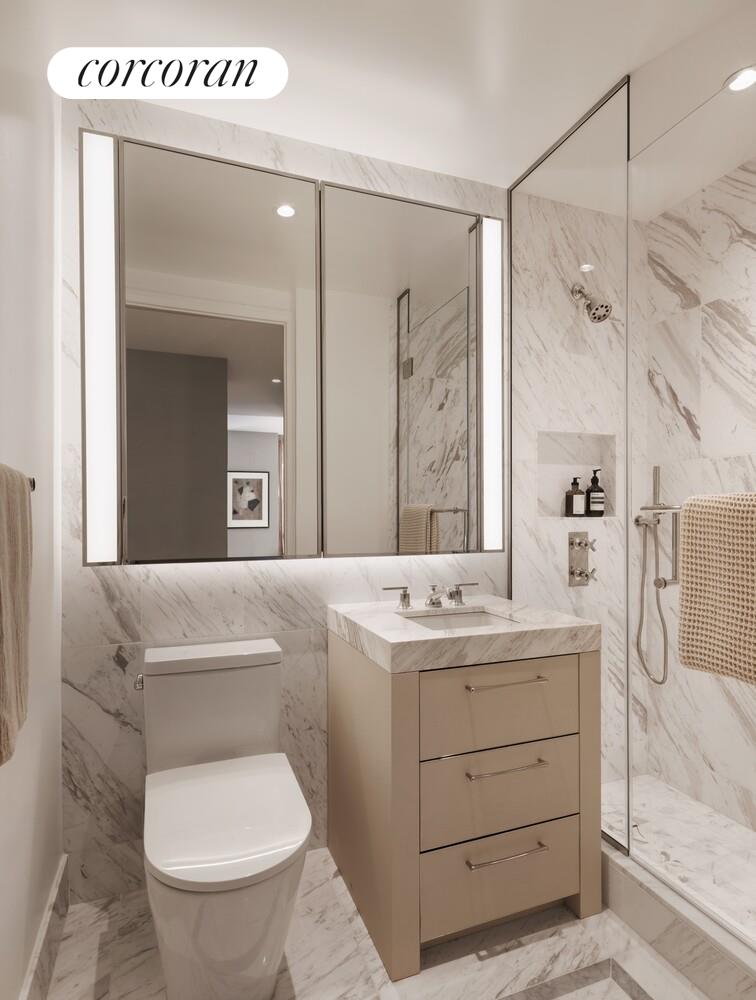 400 East 84th Street, Unit 11A Manhattan, NY 10028 - Photo 6 of 7 a bathroom with a granite countertop sink toilet and shower