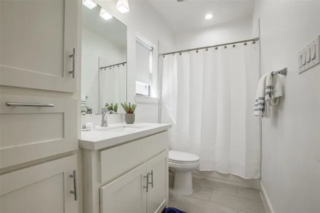 a bathroom with a sink a toilet and shower curtain