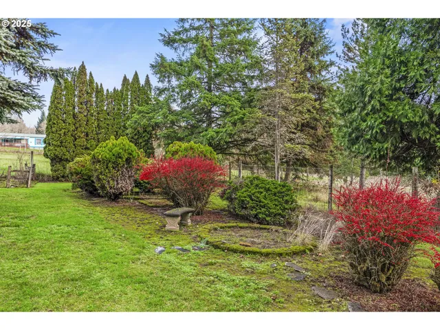 a view of a garden with a building in the background