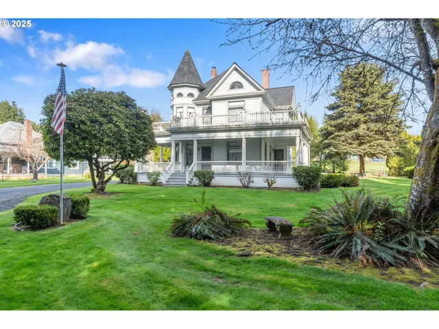 a view of a backyard with fountain plants and large tree