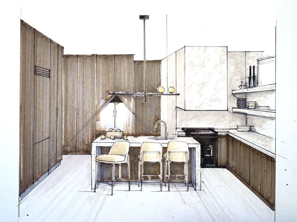 a kitchen with a table chairs stove and cabinets