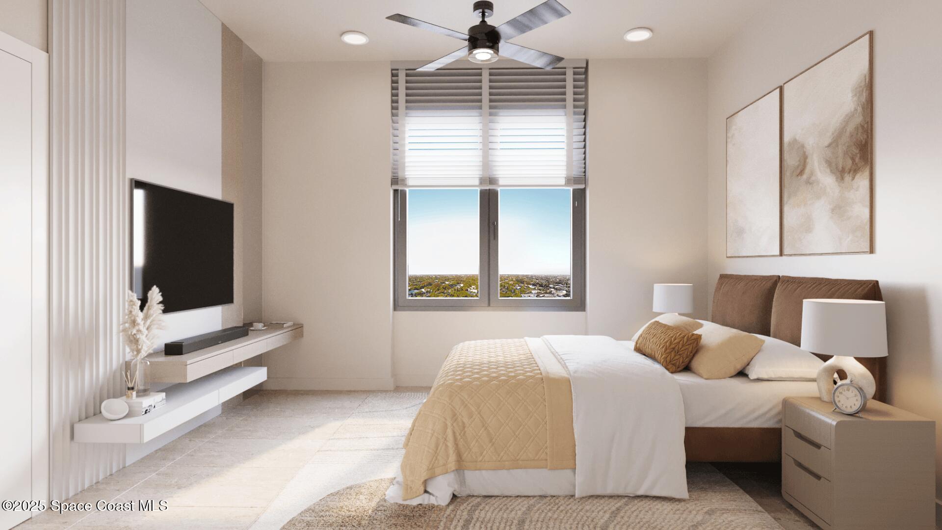 1230 Jimmy Buffett Mem Highway, Unit 411 Satellite Beach, FL 32937 - Photo 13 of 14 a bedroom with a bed and a flat screen tv