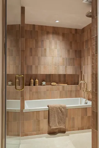 a bathroom with a bathtub and a shower