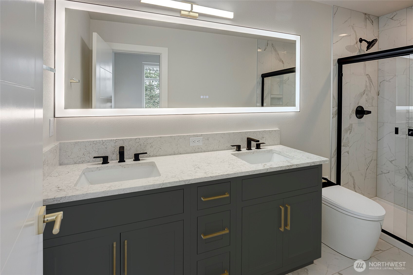 17116 35th Drive Southeast, Unit C6 Bothell, WA 98012 - Photo 6 of 20 a bathroom with a granite countertop sink toilet a mirror and shower