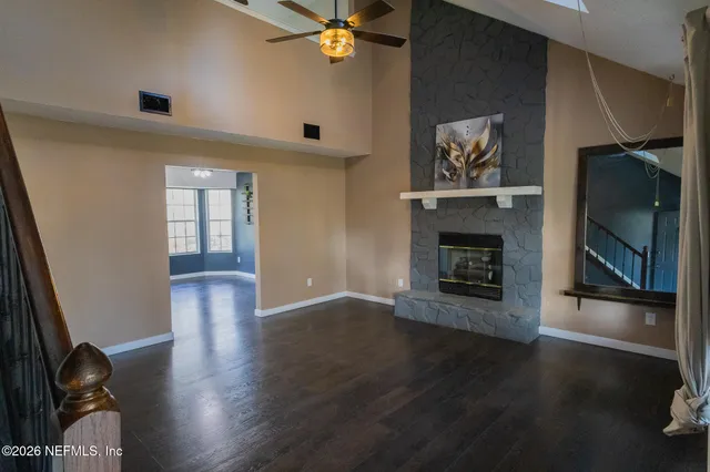 a living room with a fireplace