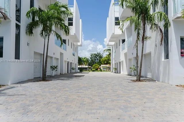 a view of a street with palm trees