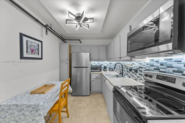 a kitchen with a stove and a microwave