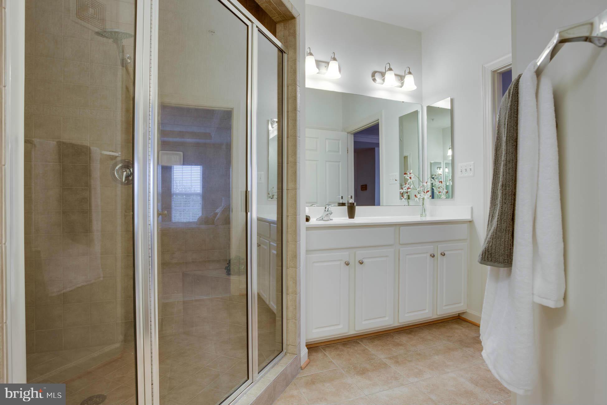 5723 Callcott Way, Unit M Alexandria, VA 22312 - Photo 21 of 28 a bathroom with a double vanity sink mirror and shower